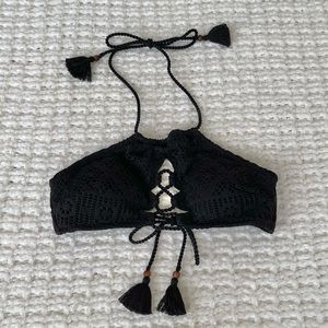 Victoria’s Secret Black High Neck Tassel Crochet Lace Criss Cross Bikini Top S